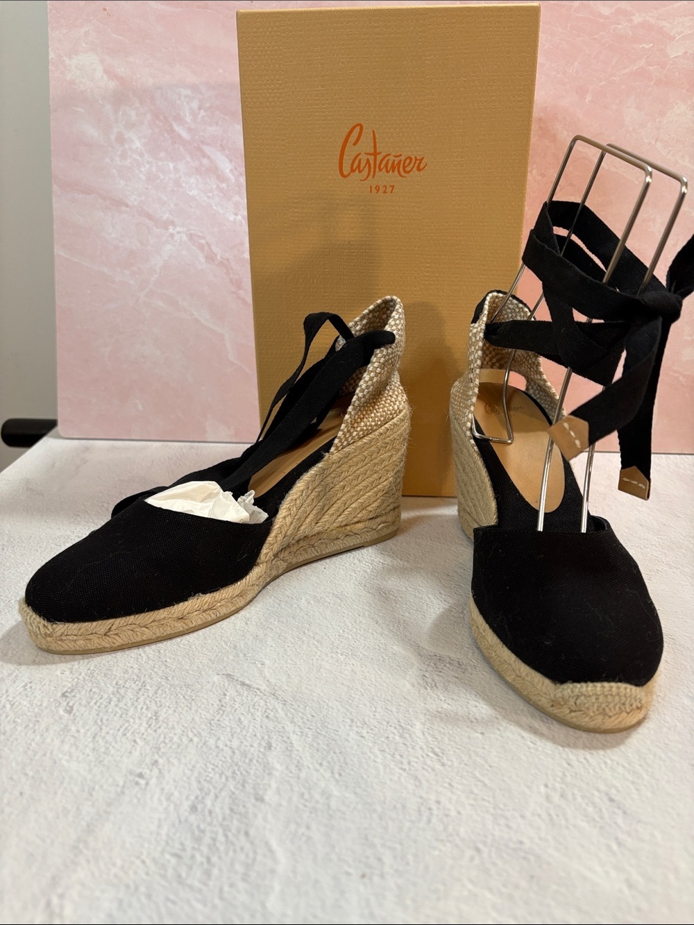 Castaner Carina Black Canvas Espadrille Wedges with Tie-Up Ribbons 39/ US 8 NWT